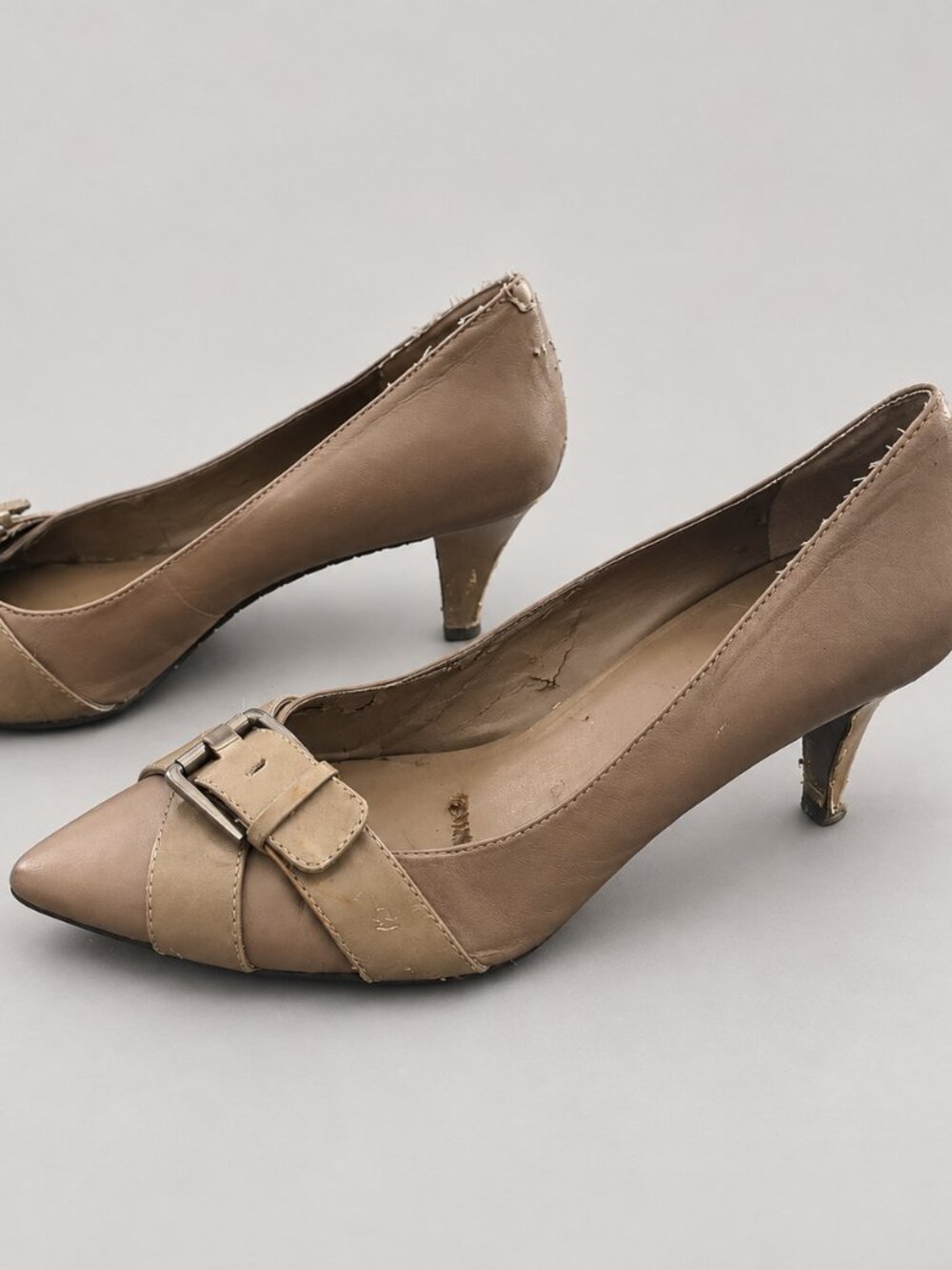 Nine West Taupe Pointed Toe Cross Strap Buckle Pumps